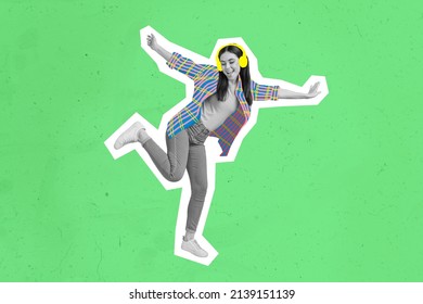Cool youngster girl dancing using wireless headphones composite collage picture silhouette highlighted pin up pop artwork style isolated - Shutterstock ID 2139151139