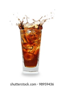 Cooled Cola Drink With Ice Cubes Over White