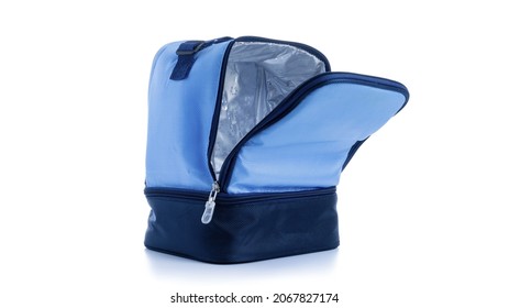 Cooler bag. Blue camping freezer box for cold lunch food isolated on white background. Cooler bag for lunch delivery, trip