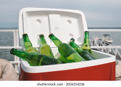 Cooler Box With Glass Of Refreshing Drinks Or Beer Prepared For Birthday Party