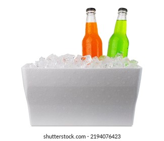 Cooler With Ice And Bottles Of Soda. Styrofoam Cooler Box. White Foam Plastic Cooler Box For Ice. Take Cold Beer, Drink, Food On The Beach. Fridge Container For Picnic. Isolated On White Background.