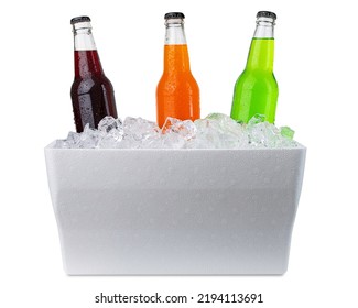 Cooler With Ice And Bottles Of Soda. Styrofoam Cooler Box. White Foam Plastic Cooler Box For Ice. Take Cold Beer, Drink, Food On The Beach. Fridge Container For Picnic. Isolated On White Background.