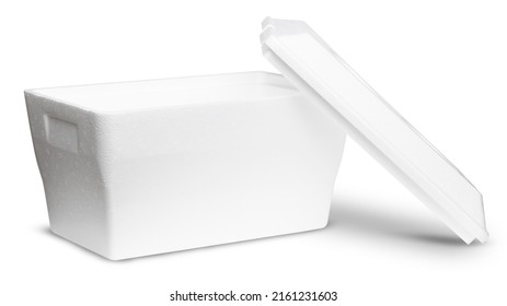 Cooler. Styrofoam Cooler box. White foam plastic Cooler box for ice. Take cold beer, drink, food on the beach. Fridge container for picnic. Empty box. Isolated on white background with Clipping path.