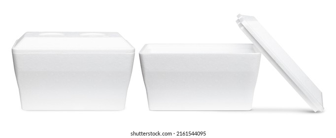Cooler. Styrofoam Cooler box. White foam plastic Cooler box for ice. Take cold beer, drink, food on the beach. Fridge container for picnic. Empty box. Isolated on white background with Clipping path.