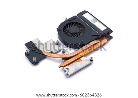 The cooling fan with heatsink computer processor, close-up, white background.