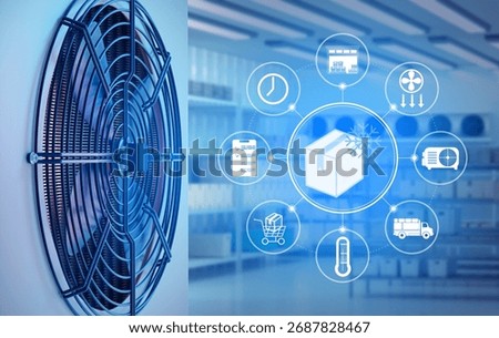 Cooling system fan with digital interface showing logistics, temperature, storage, and delivery icons for cold chain management. Refrigeration, logistics.