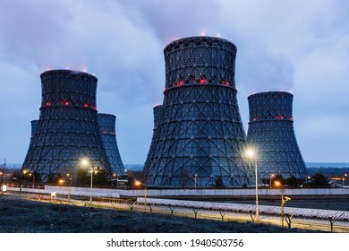 Cooling Tower Of Nuclear Power Plant At Night.