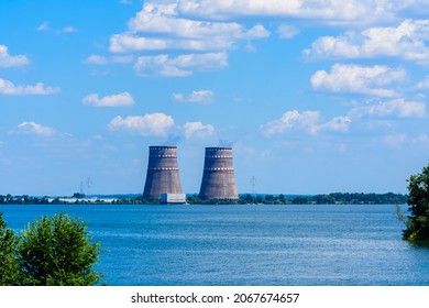 Cooling Towers Of Zaporizhzhia Nuclear Power Station Near City Enerhodar, Ukraine
