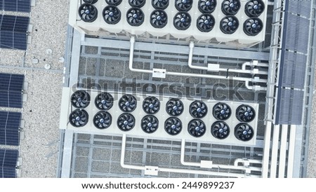 Cooling And Ventilation System Of Data Storage Center Warehouse Building. aerial top-down