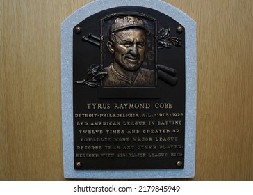 Cooperstown, New York, USA - June 11, 2022: Baseball Hall Of Fame Plaque For Ty Cobb