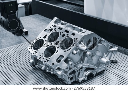 Coordinate measuring machine probe measure cylinder block of diesel engine repair.  cylinder block, Car engine cylinder heads. Industry car service concept 
