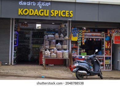 Coorg, Karnataka, India-September 22 2021;A Street Picture Of A Spice Stores Selling Varieties Of Condiments And Masala In Mercera Town In Coorg Hill Station Of Karnataka, India.