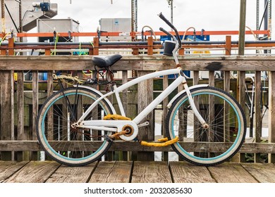 Coos Bay, Oregon, USA. A Beach Cruiser Bicycle On A Fishing Pier.