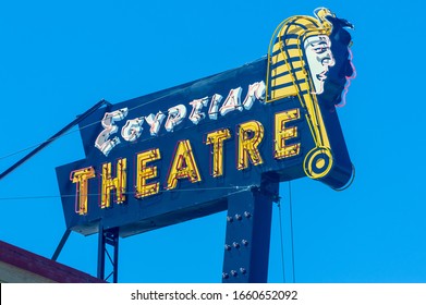 Coos Bay, Oregon, USA - May 7, 2017: The Neon Sign Atop The Egyptian Theatre