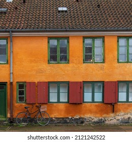 Copenaghen, Denmark - October 2, 2021: Detail Of A Terraced House In The Historic District Of Nyboder In Copenhagen