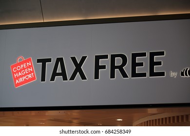 Copenhagen airport, Denmark - July 15, 2017: Tax free electronic sign in airport close-up.