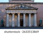 Copenhagen – April 2, 2025 – View of Vor Frue Kirke (Church of Our Lady) entrance, with bronze statues of Moses and David, Denmark’s cathedral and home to Thorvaldsen’s works.