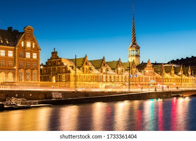 Copenhagen Cityscape With Skyline Skyscraper Building Downtown City At Sunset Twilight Night Denmark Scandinavia In Europe. Landmark City Life And Nightlife Concept.