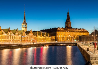 Copenhagen Cityscape With Skyline Skyscraper Building Downtown City At Sunset Twilight Night Denmark Scandinavia In Europe. Landmark City Life And Nightlife Concept.