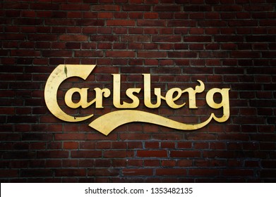 Copenhagen, Denmark; 02 16 2016. Carlsberg district. The old factory of Carlsberg breweries in Copenhagen. The name on the wall.