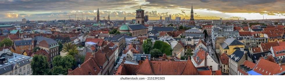 Copenhagen, Copenhagen Denmark - 10 10 2021: Beautiful Aerial View Of The Delish City Of Copenhagen The Capital Of Denmark, It's Impressive Historical Architecture And Skyscrapers