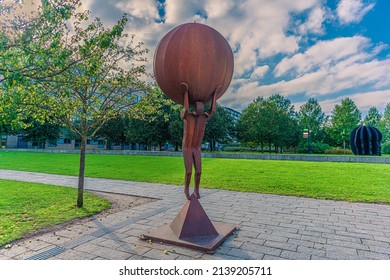 Copenhagen, Denmark - 10.20.2021: Modern Sculpture Atlas By Harvey Martin Stands Near Park Byparken In Ørestad. Copenhagen, Denmark