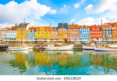 Copenhagen, Denmark - 12 April, 2021: Panoramic view of Nyhavn harbour in Copenhagen old town, danish capital