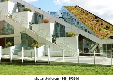 COPENHAGEN, DENMARK- 2 SEPTEMBER, 2019: 8 House, 8 Tallet, Big House - Residential Housing, Built In The Shape Of A Figure 8.  Promenade, Cycle Track. Green Roof.
