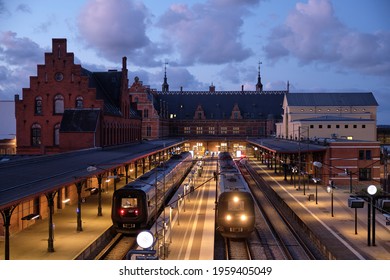 Copenhagen, Denmark 21 July 2020. Helsingor Train Station At Sunset Light. Trains Operated By DSB. Denmark Lifestyle And Culture.