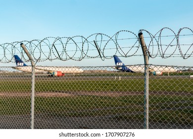 Copenhagen, Denmark - April 10, 2020: Aircraft of Scandinavian Airlines are grounded and sealed at Copenhagen Airport, due to COVID19 ban on commercial flights in Europe.