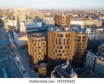 Copenhagen, Denmark - April 17, 2020: Aerial Drone View Of The Modern Axel Towers Designed By Architects Lundgaard And Tranberg.