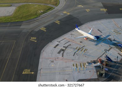 COPENHAGEN, DENMARK - AUGUST 01, 2015:  SAS Airlines Plane Parked In Copenhagen. Airport Is One Of The Oldest International Airports In Europe. Aerial View.