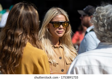 COPENHAGEN, DENMARK - AUGUST 11 2018: Street Style During Copenhagen Fashion Week Spring Summer 2019. Outfit: Details, Yellow Sunglasses.