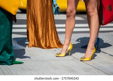 COPENHAGEN, DENMARK - AUGUST 11 2018: Street Style During Copenhagen Fashion Week Spring Summer 2019. Outfit: Yellow Shoes.