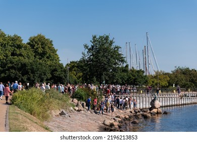 Copenhagen, Denmark. August 13, 2022. A Group Of Tourists Next To The Little Mermaid Statue (Den Lille Havfrue) In Early Summer Morning