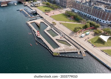 Copenhagen, Denmark - August 20, 2021: Aerial Drone View Of The Harbour Bath At Islands Brygge.