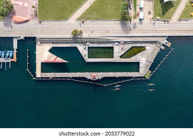 Copenhagen, Denmark - August 20, 2021: Aerial Drone View Of The Harbour Bath At Islands Brygge.