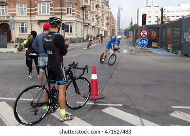 Copenhagen, Denmark - August 21, 2016: Triathletes cycling in the city center at the KMD Ironman Copenhagen event