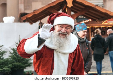 Copenhagen, Denmark - Dec 5, 2018: Santa Claus At Christmas Market In Copenhagen