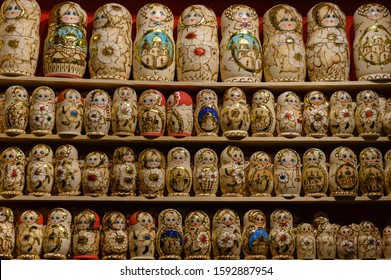 Copenhagen / Denmark - December 17 2019: Russian Nested Dolls (matryoshkas) At The Stall At The Højbro Plads Christmas Market In Copenhagen.