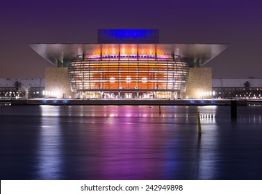 COPENHAGEN, DENMARK - DECEMBER 28, 2014: The Copenhagen Opera House, designed by Henning Larsen on December 28, 2014. Night view. It is located on the island of Holmen in central Copenhagen.