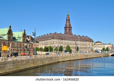 Copenhagen, Denmark.  Island Slotsholmen Embankment With Historic Buildings