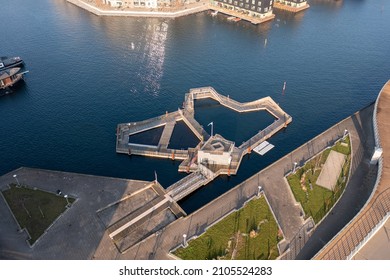 Copenhagen, Denmark - January 10, 2022: Aerial Drone View Of The Sluseholmen Harbour Bath.