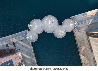 Copenhagen, Denmark - January 14, 2022: Aerial Drone View Of The Modern Circle Bridge, A Pedestrian Bridge In The Harbour Area.