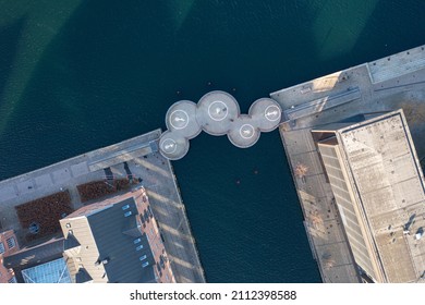 Copenhagen, Denmark - January 14, 2022: Aerial Drone View Of The Modern Circle Bridge, A Pedestrian Bridge In The Harbour Area.