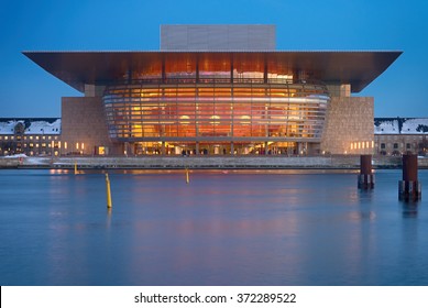 COPENHAGEN, DENMARK - January 23: The Royal Danish Opera House Is The National Opera House Of Denmark, Designed By Henning Larsen. Night View. The Main Stage Of The Opera Seats An Audience Of 1400. 