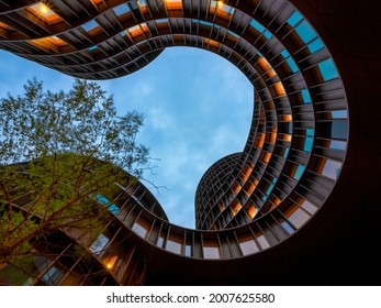 Copenhagen, Denmark - July 02, 2021: Axel Towers Building View From The Inner Garden, Example Of New Danish Architecture, Space For Living, Work, Recreation, Entertainment