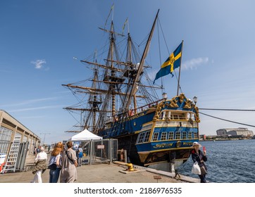 Copenhagen, Denmark - July 24 2022: Full Size Replica Of The 18th Century Swedish East India Company Ship, Gøtheborg, On Exhibition In Langelinje, Copenhagen Inner Harbor. 