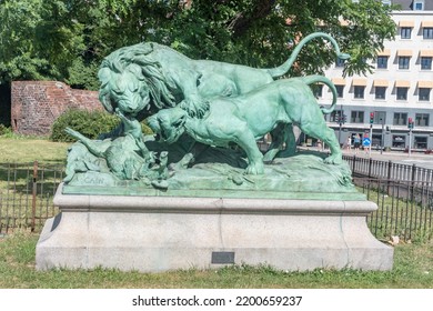 Copenhagen, Denmark - July 26, 2022: Lion And Lioness Sculpture By Auguste Cain 1878.