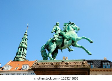 Copenhagen, Denmark - July 27, 2018 - The Equestrian Statue Of Absalon On Højbro Plads In Copenhagen